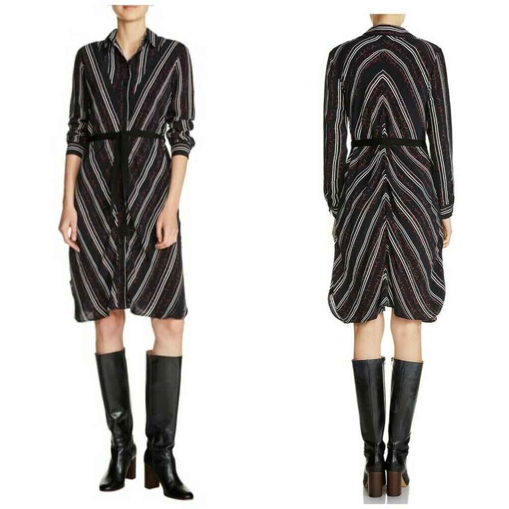 Maje Regga Stripe Chevron Cursive Lettering Print Button Shirt Dress $395 Small